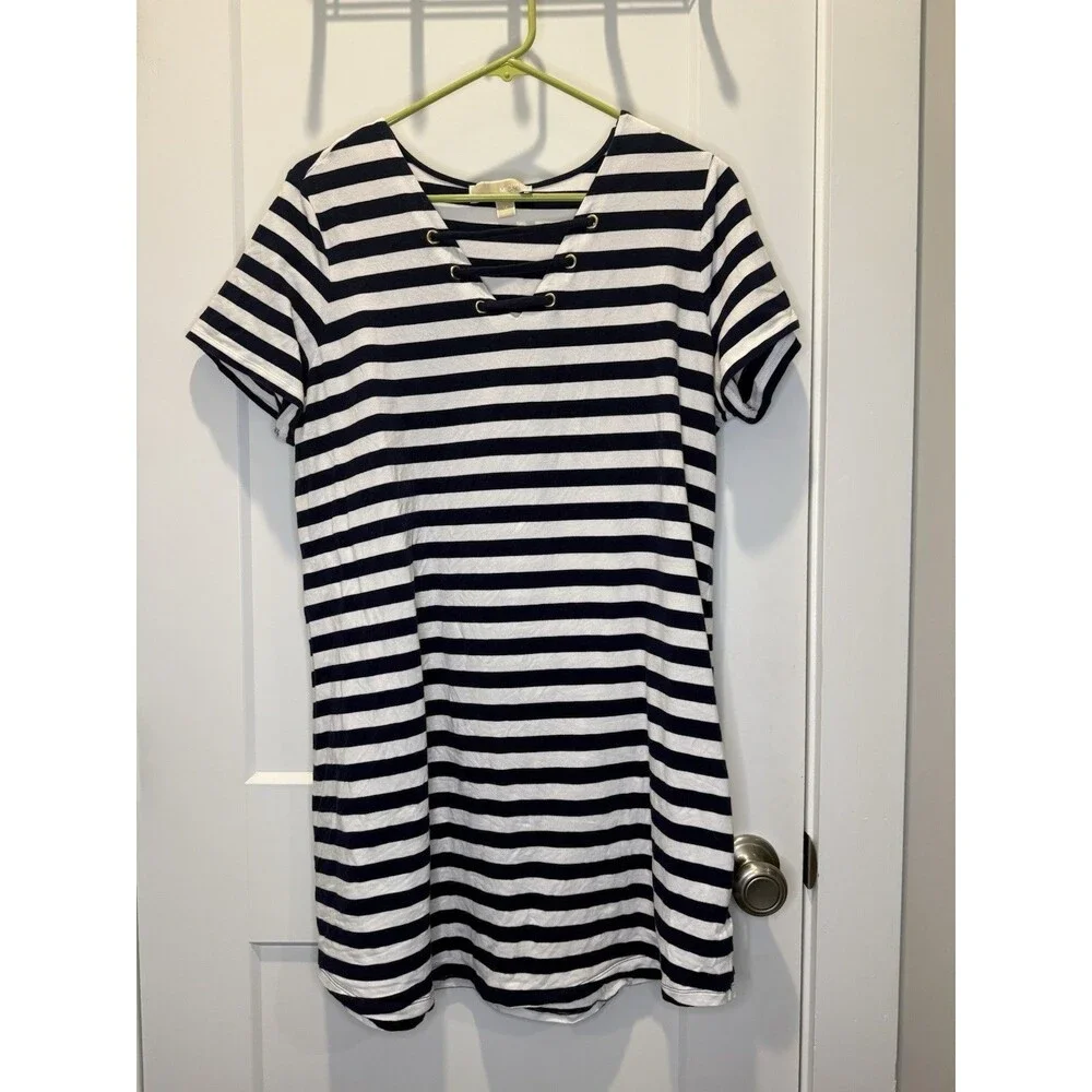 MICHAEL KORS Nautical Women’s 1X Blue & White Striped Dress Short Sleeve V Neck
